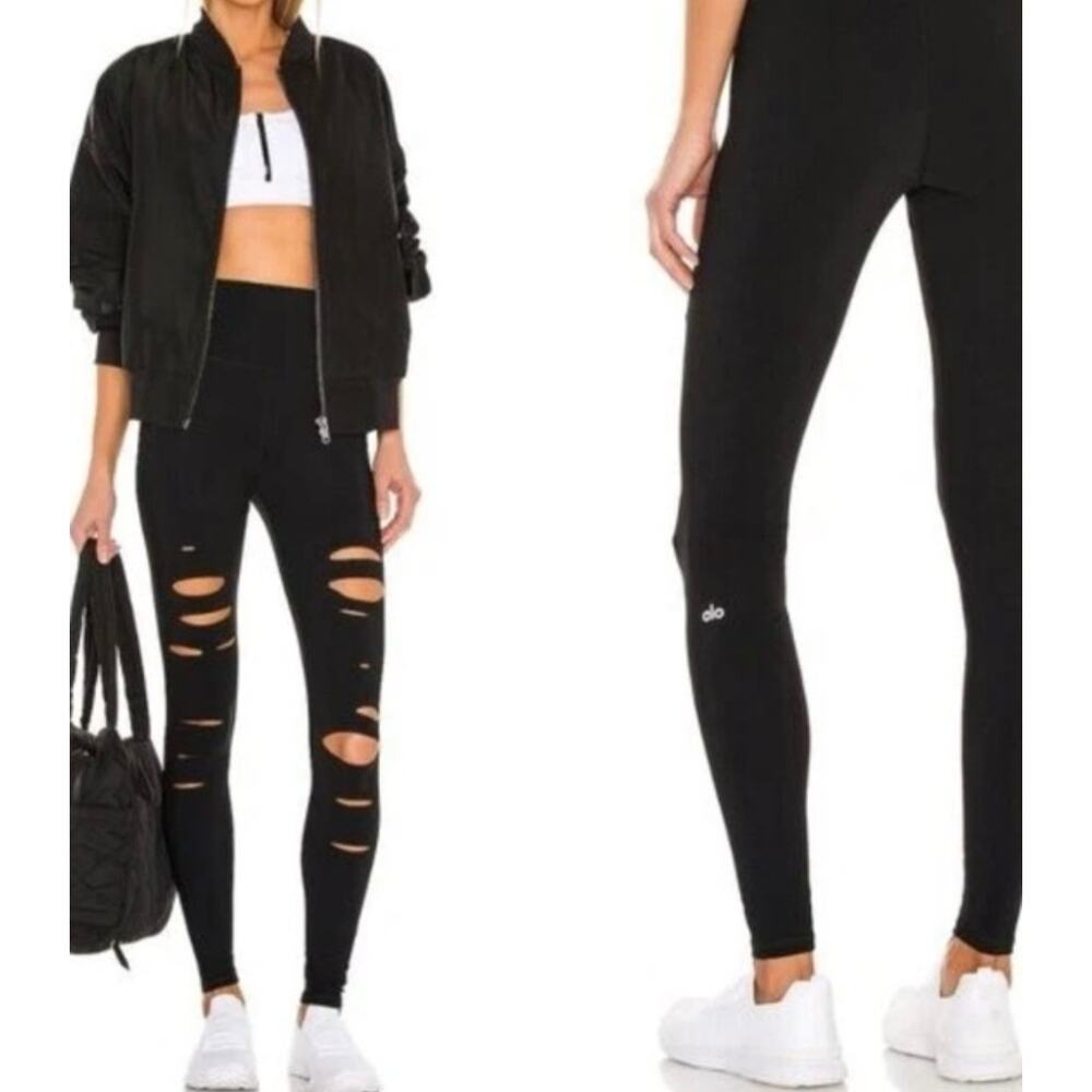 Alo Yoga High Waist Ripped Leggings Black XS Cutout Distressed Yoga Pants.